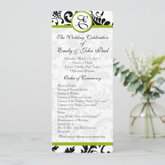 Apple Green Trim Black Damask Wedding Program Programm (Stehend Vorderseite)