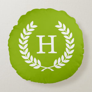 Apple Green Wheat Laurel Wreath Initial Monogram Rundes Kissen