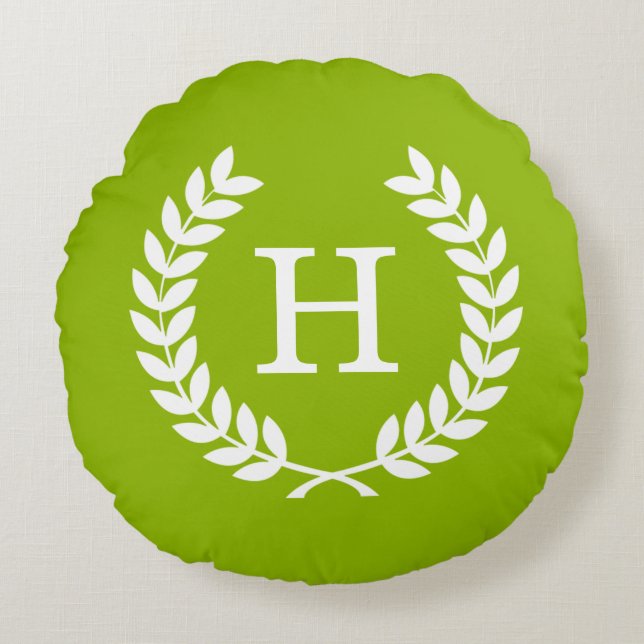 Apple Green Wheat Laurel Wreath Initial Monogram Rundes Kissen (Vorderseite)