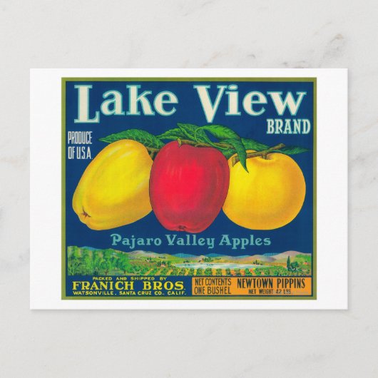 Apple-Label für Lake View - Watsonville, CA Postkarte (Vorderseite)