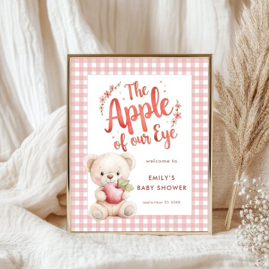 Apple of Eye Bear Pink Gingham Welcome Baby Dusche Poster