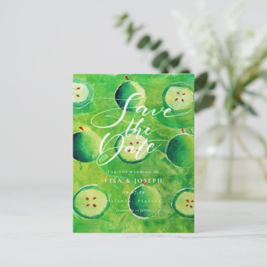Apple Orchard Country Script Save the Date Postkarte (Stehend Vorderseite)