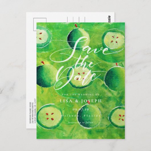 Apple Orchard Country Script Save the Date Postkarte (Vorne/Hinten)