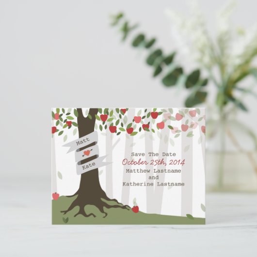 Apple Orchard Herbst Hochzeit speichern das Datum Ankündigungspostkarte (Stehend Vorderseite)