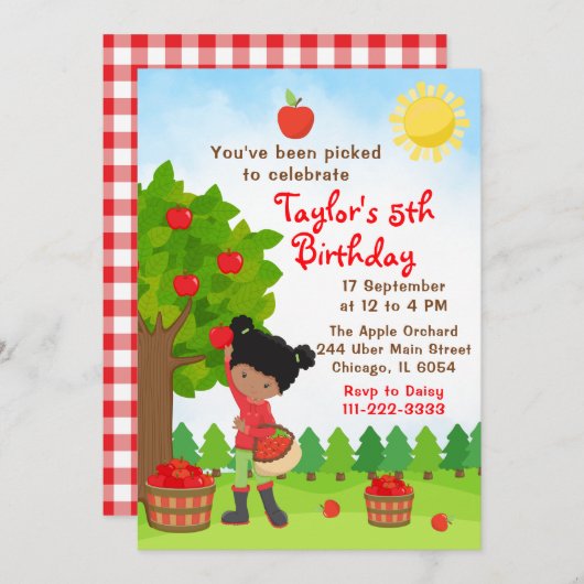 Apple picking Birthday African American Girl Invit Einladung (Vorne/Hinten)