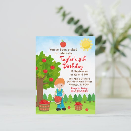 Apple Picking Birthday Red Hair Boy Postcard Postkarte (Stehend Vorderseite)