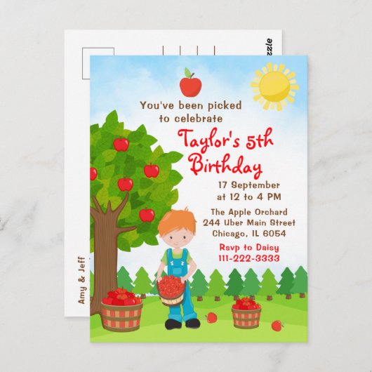 Apple Picking Birthday Red Hair Boy Postcard Postkarte (Vorne/Hinten)