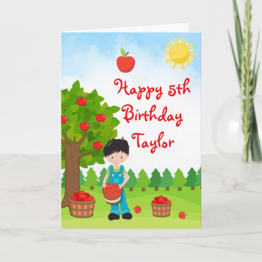 Apple Picking Black Hair Boy Happy Birthday Card Karte (Vorderseite)