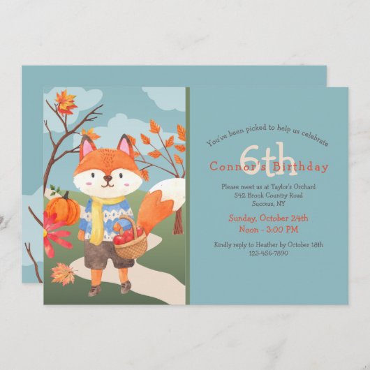 Apple Picking Fox Geburtstag Einladung (Vorne/Hinten)