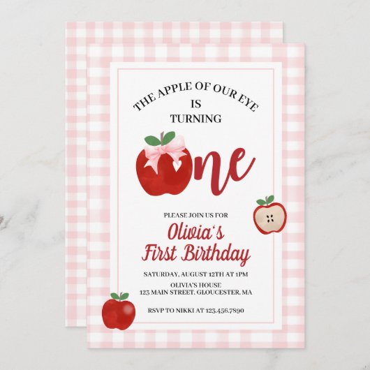 Apple Pink Bow Preppy Coquette 1. Geburtstag Einladung (Vorne/Hinten)