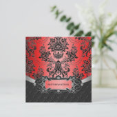 Apple Red & Black Damask Hochzeitsempfang Einladung (Stehend Vorderseite)