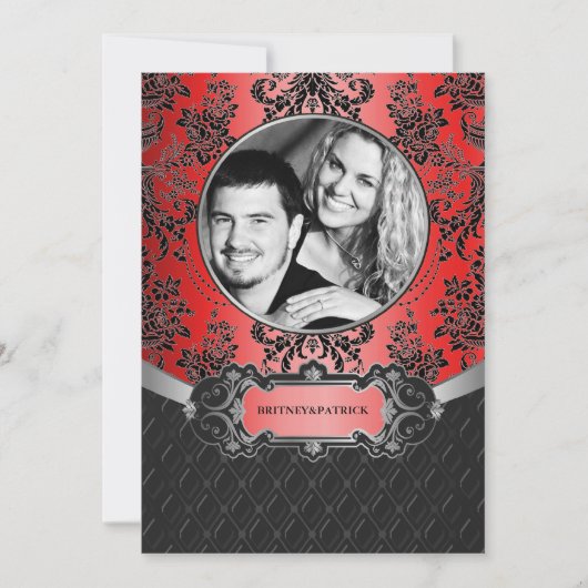 Apple Red & Black Damask Hochzeitsempfang Einladung (Vorderseite)