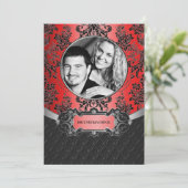 Apple Red & Black Damask Hochzeitsempfang Einladung (Stehend Vorderseite)