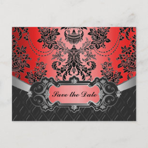Apple Red & Black Damask Wedding Save the Dates Ankündigungspostkarte