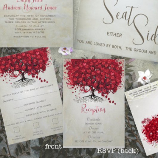 Apple Red Heart Leaf Black Tree Wedding RSVP Karte