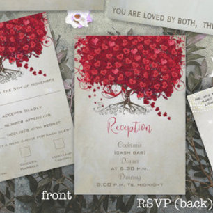 Apple Red Heart Leaf Black Tree Wedding RSVP Karte