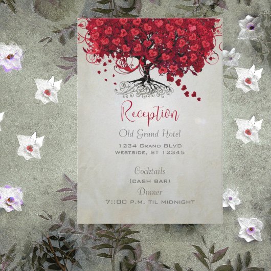 Apple Red Heart Leaf Black Tree Wedding RSVP Karte