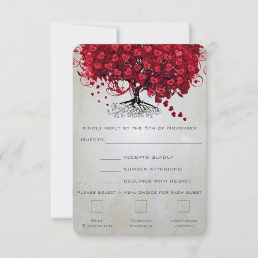 Apple Red Heart Leaf Black Tree Wedding RSVP Karte (Vorderseite)