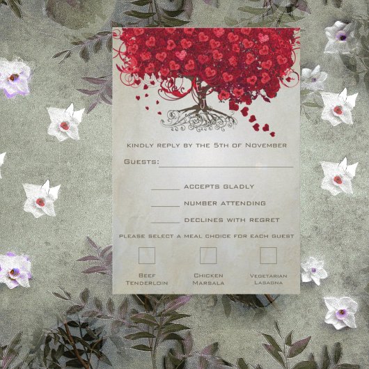 Apple Red Heart Leaf Wedding RSVP Karte