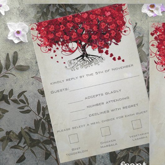 Apple Red Heart Leaf Wedding RSVP Karte