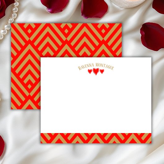 Apple Red Modern Hearts Striped Fans Note Card Mitteilungskarte