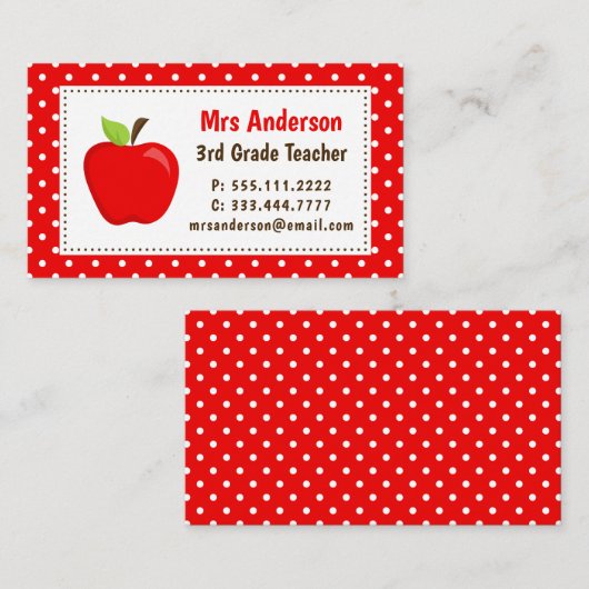 Apple Red Polka Dots Business Card Lehrerin Visitenkarte (Vorne/Hinten)