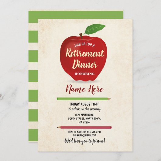 Apple-Ruhestands-Party-rote Lehrer-Creme rustikal Einladung (Vorne/Hinten)