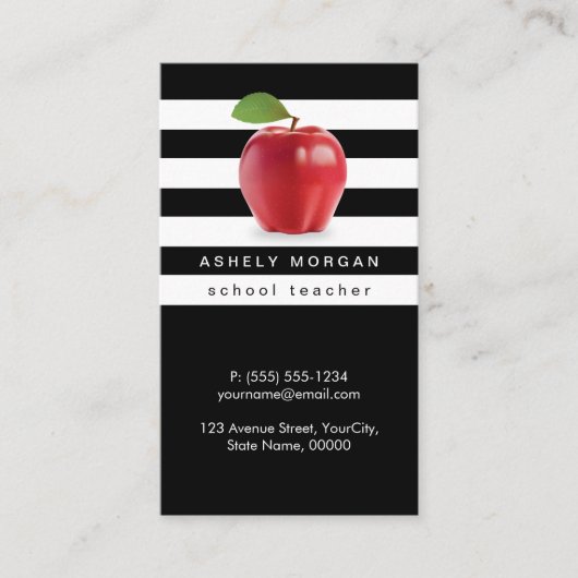 Apple School Teacher Elegante Schwarz-weiße Streif Visitenkarte (Vorderseite)