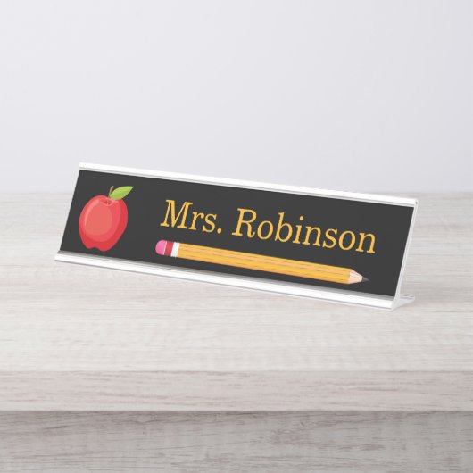 Apple und Bleistift Lehrer Schwarz Moderne Schreibtischnamensplakette (Vorderseite )