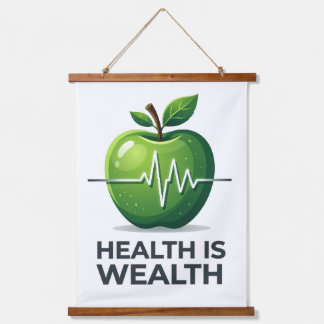 Apple with Heartbeat Pulse and Health is Wealth Wandteppich Mit Holzrahmen