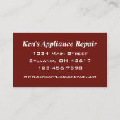 Appliance-Ersatzteildienstkarte Visitenkarte (Rückseite)