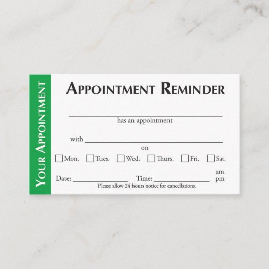 Appointment Reminder Cards - Green Telefonnummerkarte (Vorderseite)