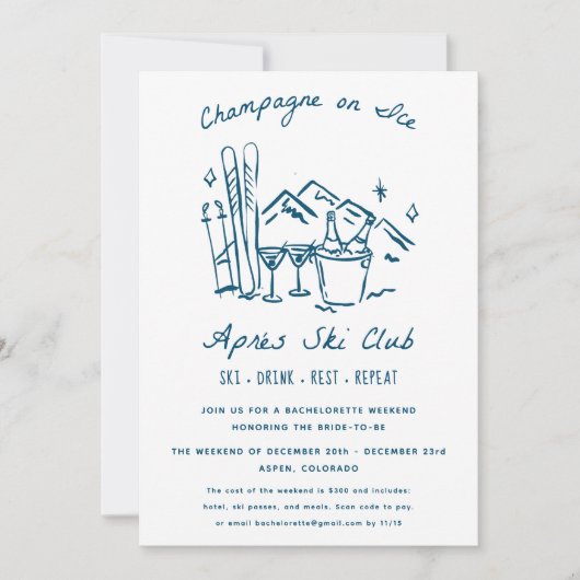 Après Ski Champagne on Ice Winter Bach Party Einladung (Vorderseite)