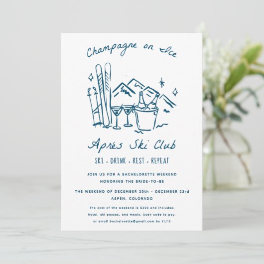Après Ski Champagne on Ice Winter Bach Party Einladung (Stehend Vorderseite)