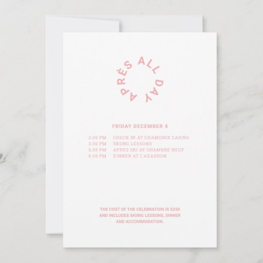 Après Ski mit der Bride sein rosa Bachelorette Rei Einladung (Rückseite)