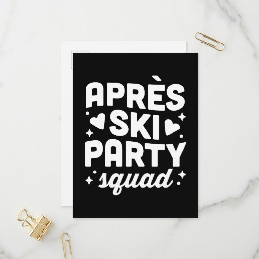 Apres ski party squad black and white einladungspostkarte (Vorderseite/Rückseite Beispiel)