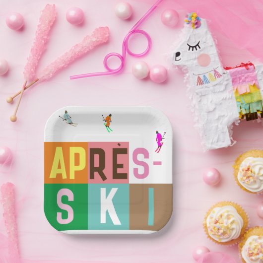 Après-ski Retro Skiers - Farbblock Pappteller (Party)
