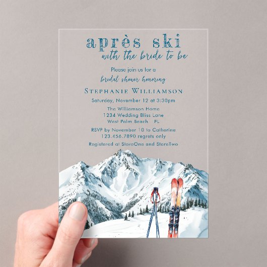 Apres Ski Winter Mountain Watercolor Bridal Shower Acryleinladungen (Insitu (Handheld))