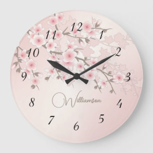 Apricot Cherry Blossom Monogramm Große Wanduhr