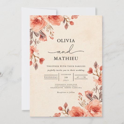 Apricot florale Hochzeit Einladung (Vorderseite)