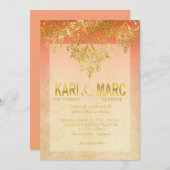Apricot & Gold Gatsby Glitzer Blüh Hochzeit Einladung (Vorne/Hinten)