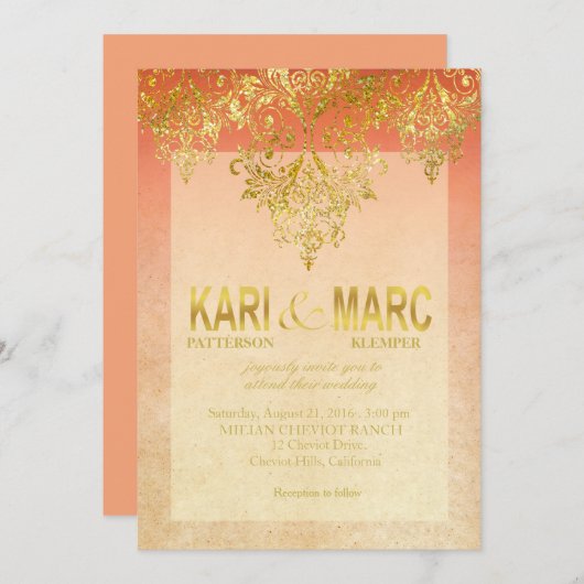 Apricot & Gold Gatsby Glitzer Blüh Hochzeit Einladung (Vorne/Hinten)