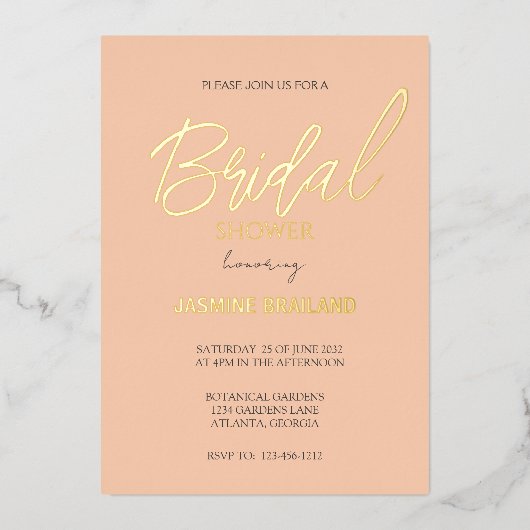 Apricot Modern Simple Brautparty Gold Folieneinladung (Vorderseite)