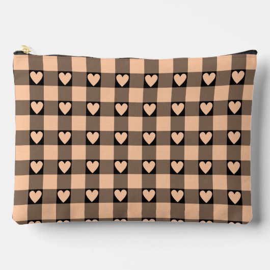 Apricot Peach Black Buffalo Heart Plaid Zubehörtasche (Vorderseite)