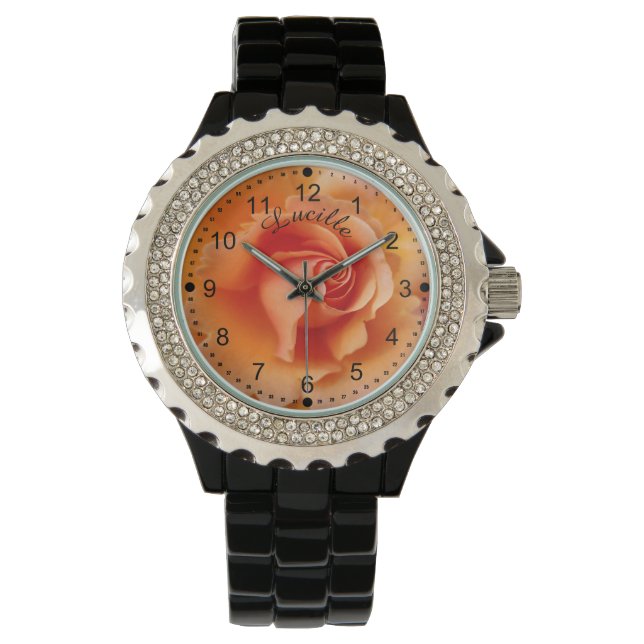Apricot Peach Rose Blume Nah Up Foto Armbanduhr (Vorderseite)