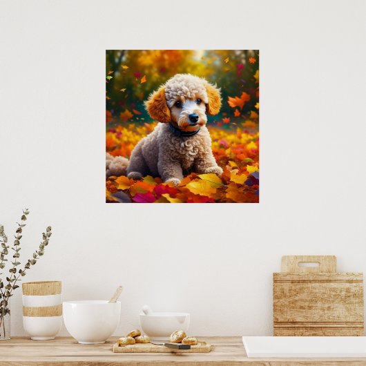 Apricot Poodle Welpe in Herbstlauben Poster (Küche)