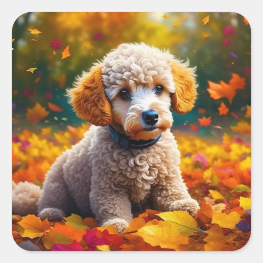 Apricot Poodle Welpe in Herbstlauben Quadratischer Aufkleber (Vorderseite)