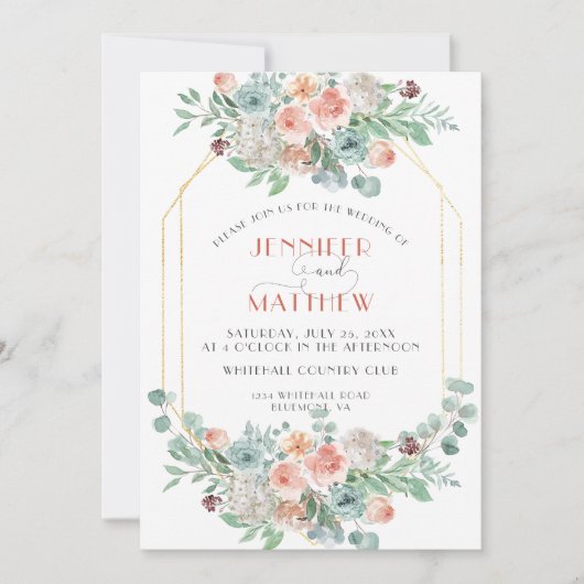 Apricot und Wasabi Green Gold Geometric Floral Einladung (Vorderseite)