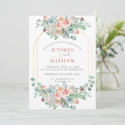 Apricot und Wasabi Green Gold Geometric Floral Einladung (Stehend Vorderseite)