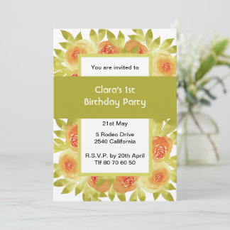 Apricot Watercolour Roses Green Party Einladung